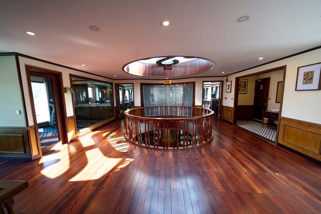 Clean wood flooring in a commercial office building.