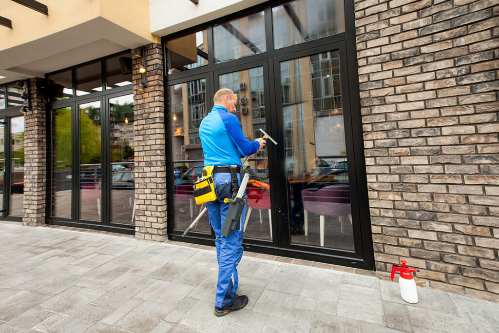 Professional window cleaner squeegee cleans retail window panes.