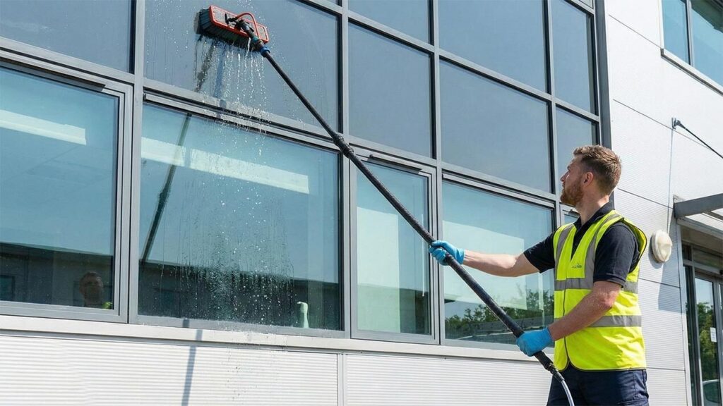 Waterfed pole cleaning exterior commercial windows.
