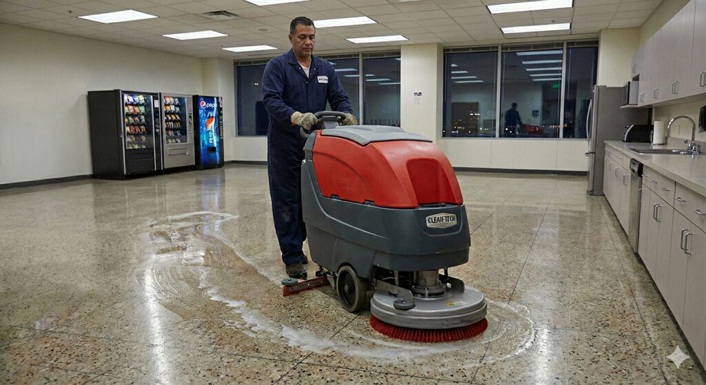 Professional cleaning uses a floor scrubber on tile flooring