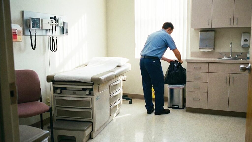 Janitor cleaning a medical office