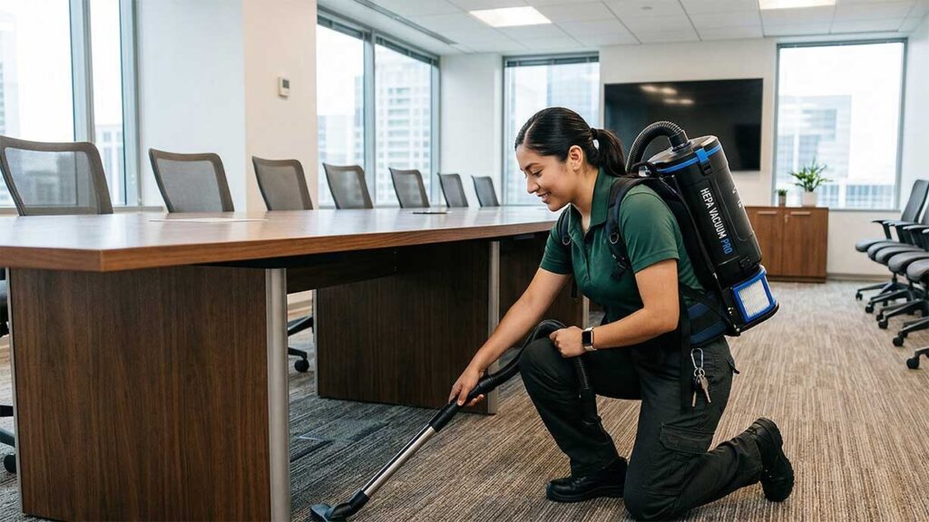 vacuuming under a desk during cleanup