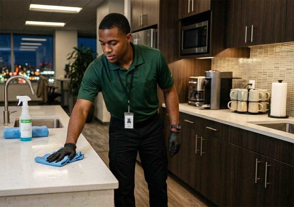 Wiping down a break room counter