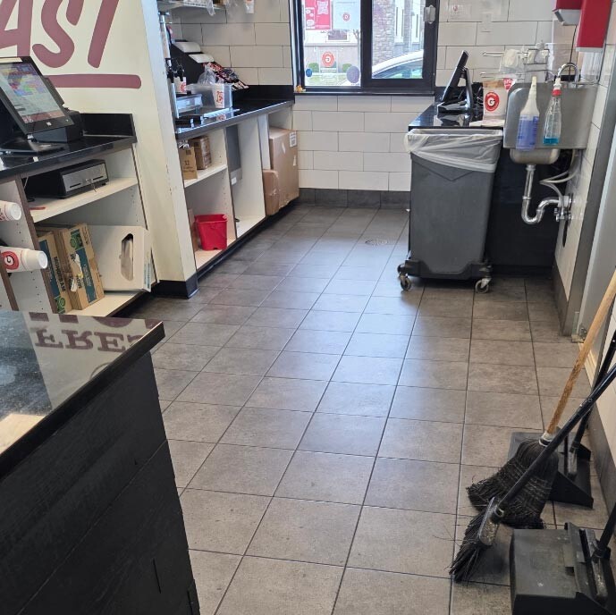 behind the counter of a clean gas station