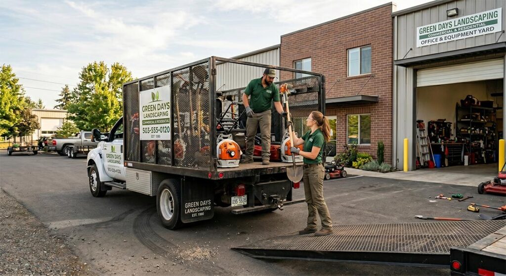 Landscaping team loading up a clean truck
