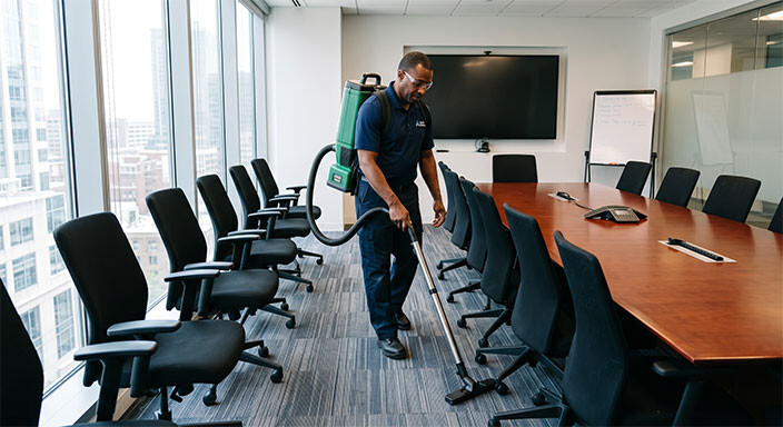 professional janitor vacuuming the floor