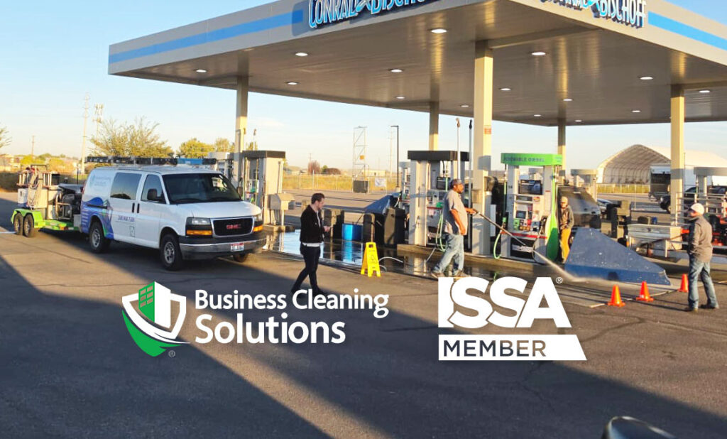 business cleaning solutions company van pressure washing a treasure valley gas station
